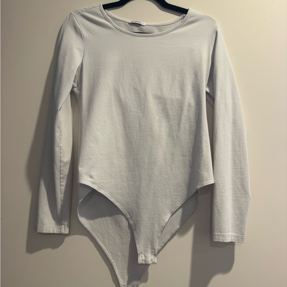 Mango White Long Sleeve Bodysuit Size L Snap Closure Minimal Basic
